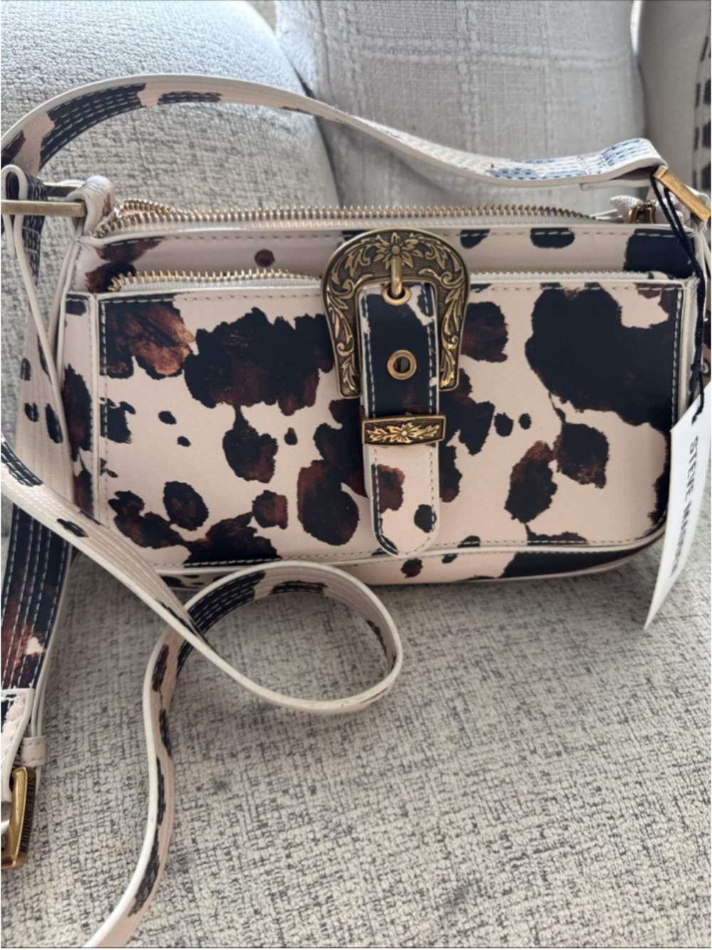 Steve Madden Brubben 2 Cow Print Crossbody Handbag Brown Faux Leather